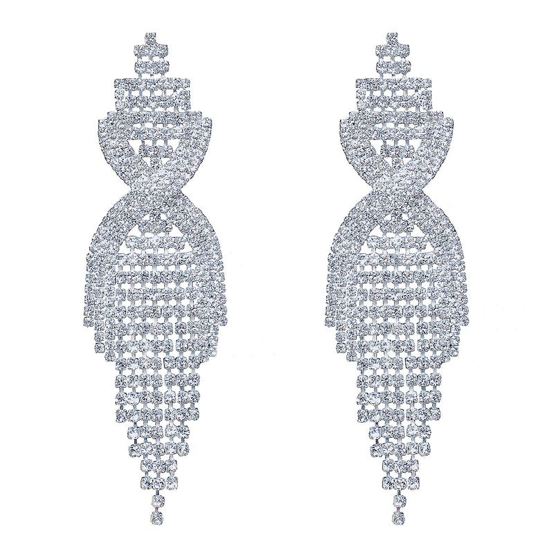 CHRAN Silver Rhinestone Long Tassels Dangle Chandelier Earrings Jewelry Size 3.5" - Image 1
